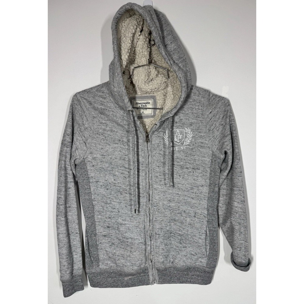 Abercrombie & Fitch Full Zip Hoodie Womens M Gray Sherpa Lined‎ Fleece Jacket